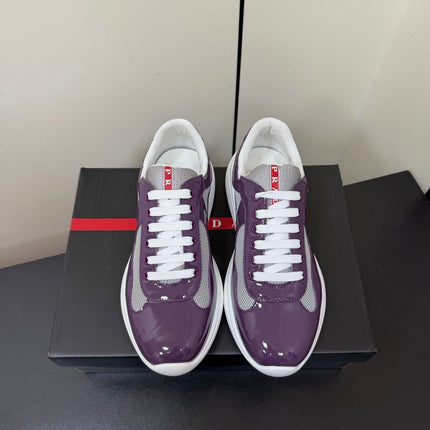 PRADA 26S SNEAKERS IN PLUM PURPLE PATENT CALFSKIN AND WHITE MESH