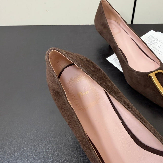 DIOR 26S POINTED-TOE HIGH HEELS 35MM IN DARK BROWN SUEDE GOLD HARDWARE