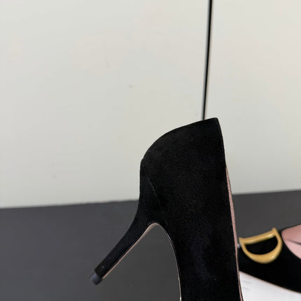 DIOR 26S POINTED-TOE HIGH HEELS 70MM IN BLACK SUEDE GOLD HARDWARE