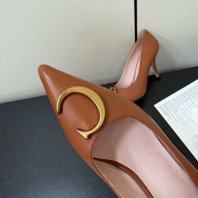 DIOR 26S POINTED-TOE HIGH HEELS 70MM IN RUST BROWN CALFSKIN GOLD HARDWARE