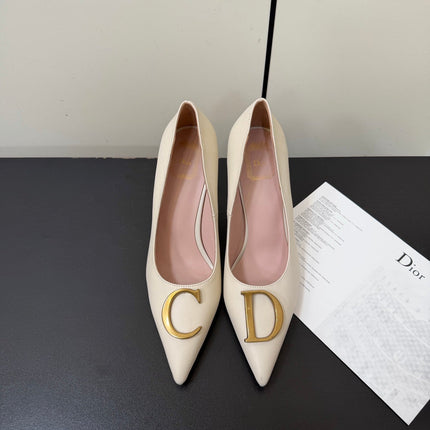 DIOR 26S POINTED-TOE HIGH HEELS 70MM IN CREAM WHITE CALFSKIN GOLD HARDWARE
