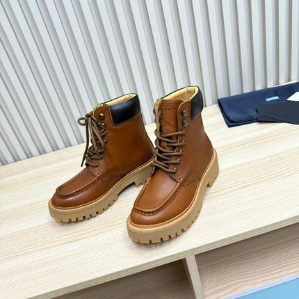 PRADA 25S LACE-UP ANKLE BOOTS IN BROWN CALFSKIN