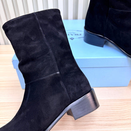 PRADA 25S LOW-CUT BOOTS IN BLACK SUEDE