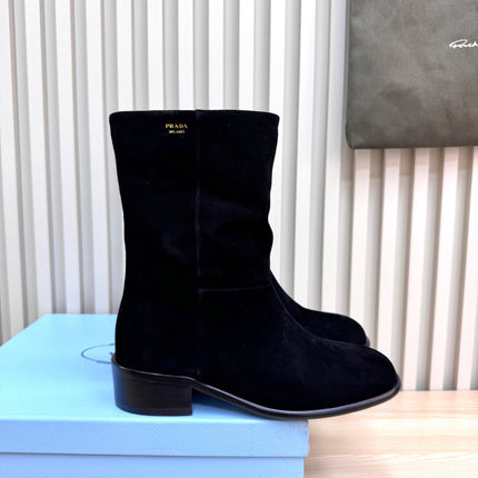 PRADA 25S LOW-CUT BOOTS IN BLACK SUEDE