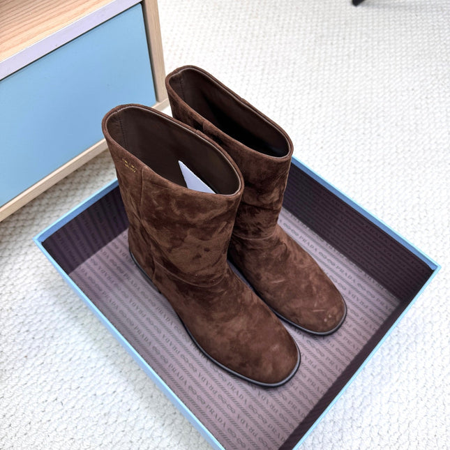 PRADA 25S LOW-CUT BOOTS IN DARK BROWN SUEDE