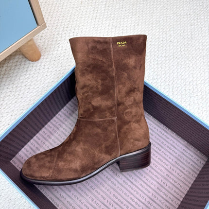 PRADA 25S LOW-CUT BOOTS IN DARK BROWN SUEDE
