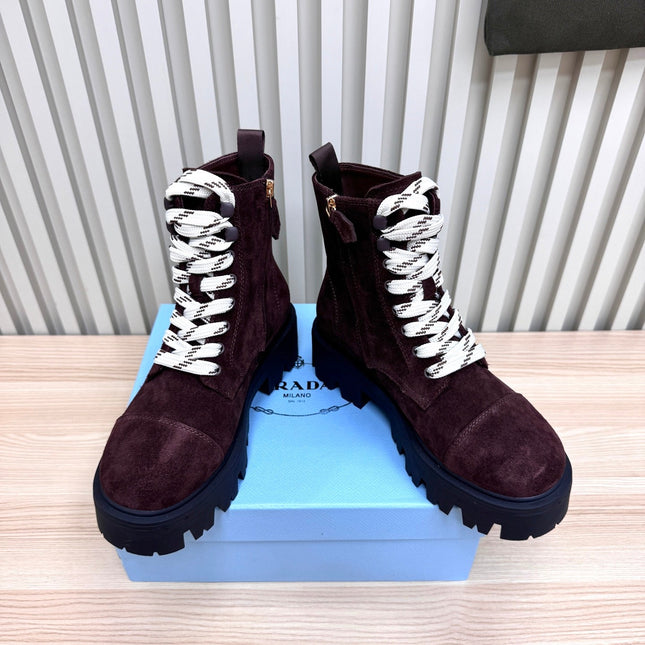 PRADA 25S MONOLITH BOOTS IN DARK PLUM BROWN SUEDE