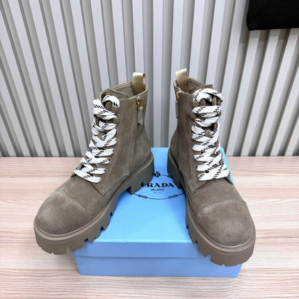 PRADA 25S MONOLITH BOOTS IN MUTED KHAKI BROWN SUEDE