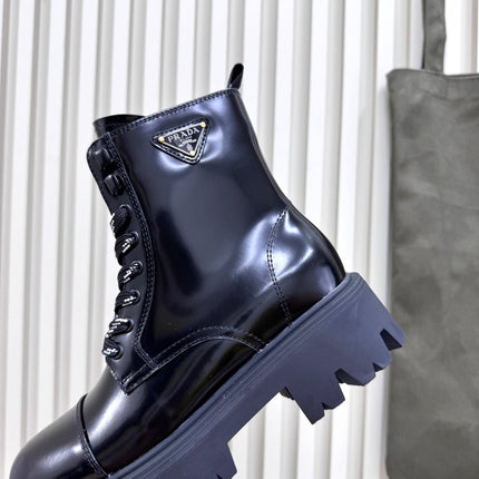 PRADA 25S MONOLITH BOOTS IN BLACK GLOSSY CALFSKIN