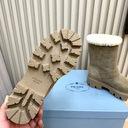 PRADA 25S MARTIN BOOTS IN BEIGE GRAY SUEDE FUR-LINED
