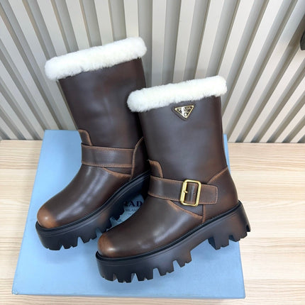 PRADA 25S MARTIN BOOTS IN DARK BROWN CALFSKIN FUR-LINED