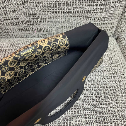 CHANEL 25S SHOPPING BAG 46 CM IN BLACK MIX BEIGE CANVAS PRINTED LOGO