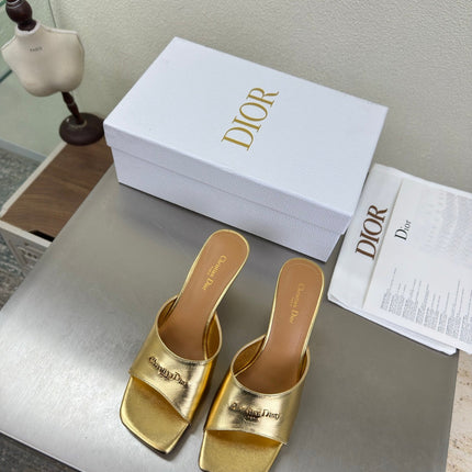 DIOR 26S KITTEN HEEL MULE SANDALS IN GOLD CALFSKIN WITH LOGO