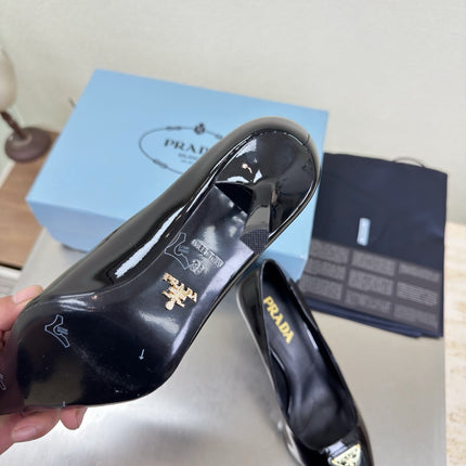 PRADA 26S POINTED TOE PUMPS 75MM IN BLACK PATENT CALFSKIN