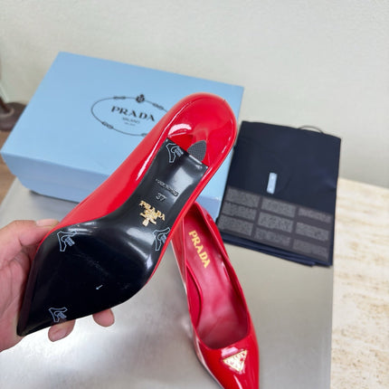 PRADA 26S POINTED TOE PUMPS 75MM IN RED PATENT CALFSKIN