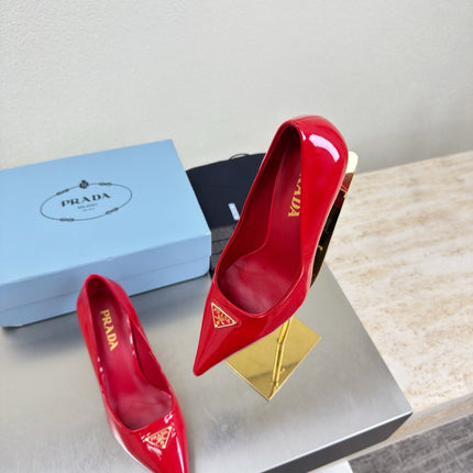 PRADA 26S POINTED TOE PUMPS 75MM IN RED PATENT CALFSKIN