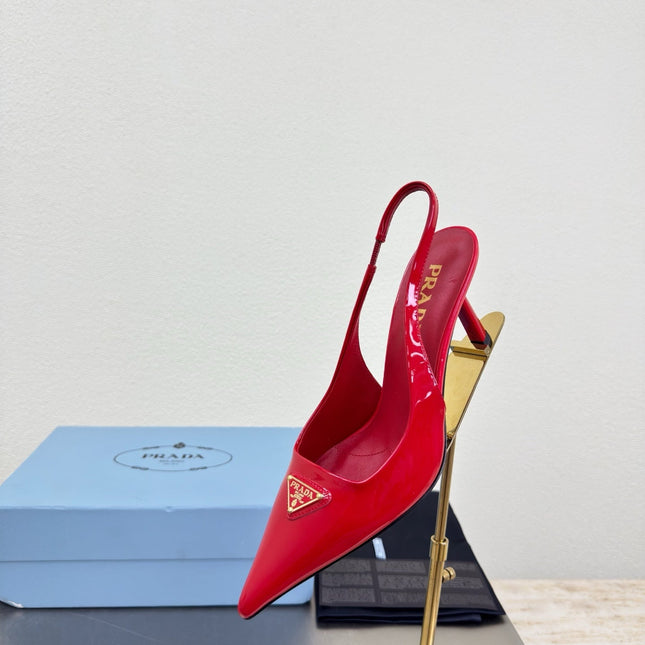 PRADA 26S SLINGBACK POINTED HEELS 75MM IN RED PATENT CALFSKIN