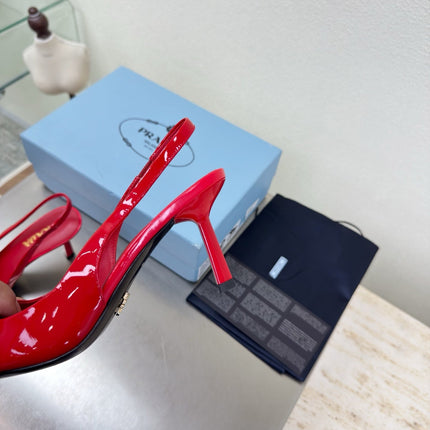 PRADA 26S SLINGBACK POINTED HEELS 75MM IN RED PATENT CALFSKIN