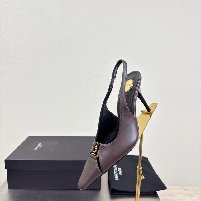 YSL 26S SLINGBACK HIGH HEELS 105 MM IN DARK BROWN CALFSKIN