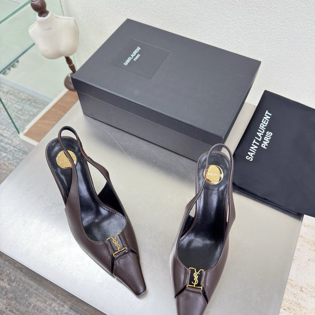 YSL 26S SLINGBACK HIGH HEELS 105 MM IN DARK BROWN CALFSKIN