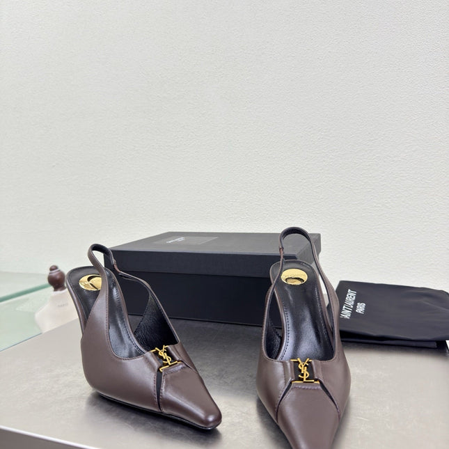 YSL 26S SLINGBACK HIGH HEELS 105 MM IN DARK BROWN CALFSKIN