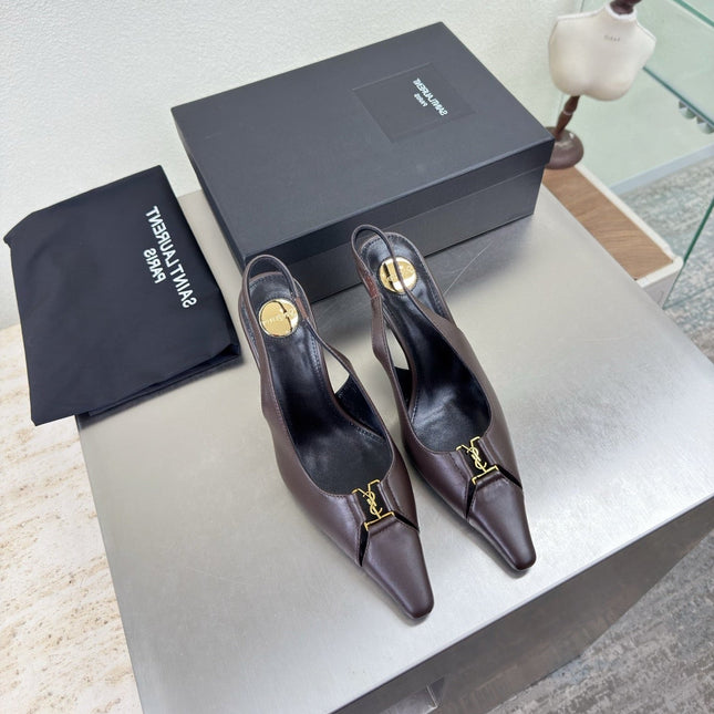 YSL 26S SLINGBACK HIGH HEELS 105 MM IN DARK BROWN CALFSKIN