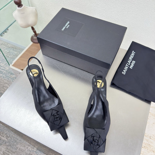 YSL 26S SLINGBACK HIGH HEELS 55 MM IN BLACK SATIN
