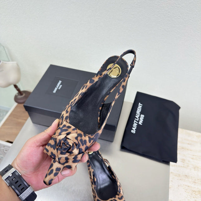 YSL 26S SLINGBACK HIGH HEELS 55 MM IN LEOPARD PRINT SATIN