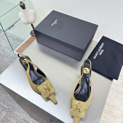YSL 26S SLINGBACK HIGH HEELS 55 MM IN LIGHT OLIVE GREEN SATIN