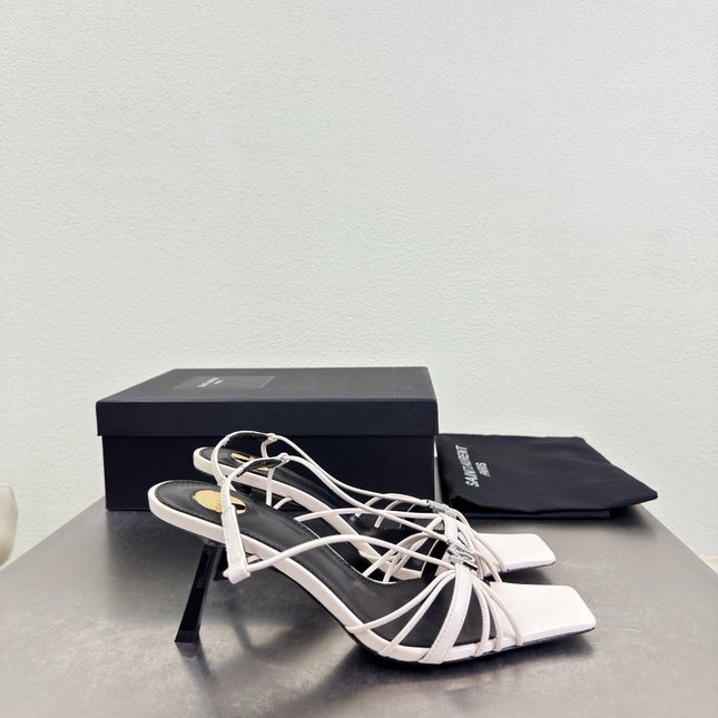 YSL 26S HIGH HEEL SANDALS 85 MM IN CREAM WHITE CALFSKIN WITH RHINESTONE LOGO