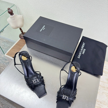 YSL 26S HIGH HEEL SANDALS 85 MM IN BLACK CALFSKIN WITH RHINESTONE LOGO