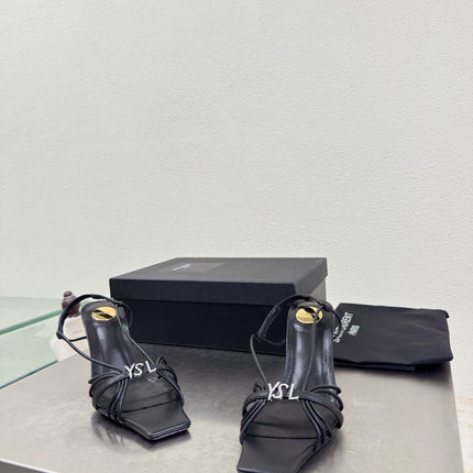 YSL 26S HIGH HEEL SANDALS 85 MM IN BLACK CALFSKIN WITH RHINESTONE LOGO