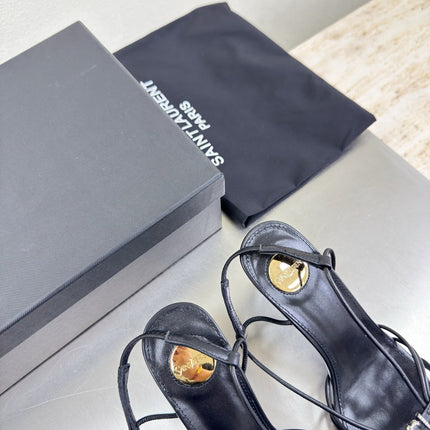 YSL 26S HIGH HEEL SANDALS 85 MM IN BLACK CALFSKIN WITH RHINESTONE LOGO
