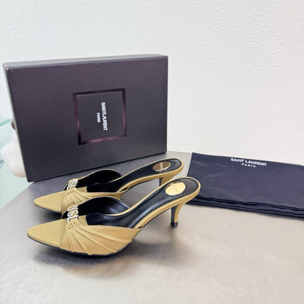 YSL 26S HIGH HEEL SANDALS 65 MM IN LIGHT OLIVE GREEN FABRIC