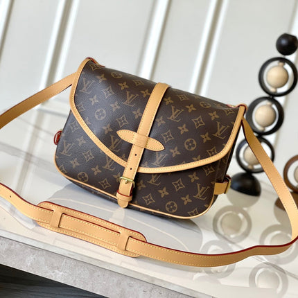 SAUMUR BB 28 IN BROWN MONOGRAM CANVAS AND LEATHER TRIM GOLD HARDWARE