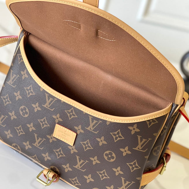 SAUMUR BB 28 IN BROWN MONOGRAM CANVAS AND LEATHER TRIM GOLD HARDWARE
