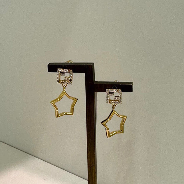 FENDI 26S FF CRYSTAL STAR DROP EARRINGS IN GOLD TONE METAL 622647