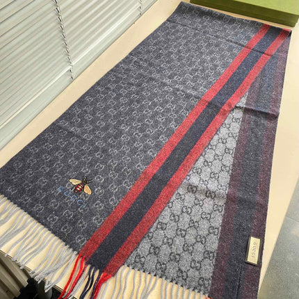 STRIPED SCARF 200 CM IN DARK GRAY CASHMERE WITH EMBROIDERED BEE 398533