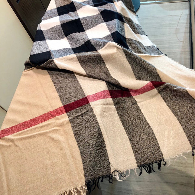 REVERSIBLE CHECK 140 CM WOOL SILK SCARF CAMEL BEIGE 408964