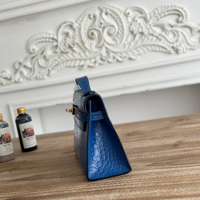 HM 26S KELLY MINI 22CM IN DARK BLUE CROC EMBOSSED CALFSKIN GOLD KELLY BUCKLE