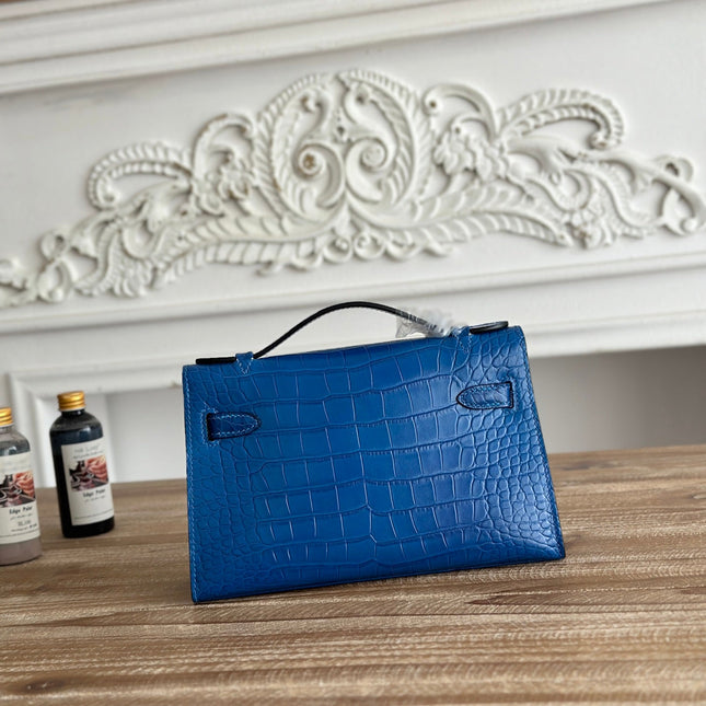HM 26S KELLY MINI 22MM IN DARK BLUE CROC EMBOSSED CALFSKIN GOLD KELLY BUCKLE