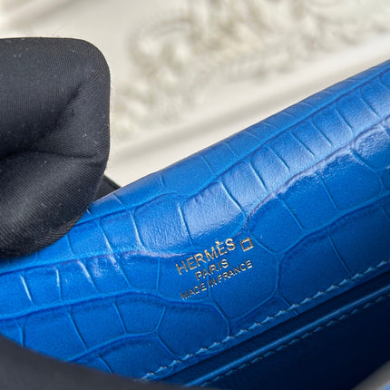 HM 26S KELLY MINI 22MM IN DARK BLUE CROC EMBOSSED CALFSKIN GOLD KELLY BUCKLE