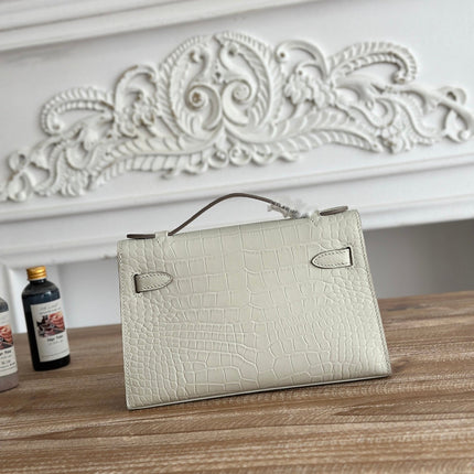 HM 26S KELLY MINI 22MM IN MILKY WHITE CROC EMBOSSED CALFSKIN GOLD KELLY BUCKLE