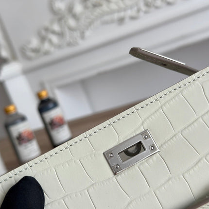 HM 26S KELLY MINI 22CM IN MILKY WHITE CROC EMBOSSED CALFSKIN SILVER KELLY BUCKLE