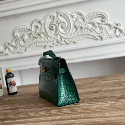 HM 26S KELLY MINI 22MM IN DARK GREEN CROC EMBOSSED CALFSKIN GOLD KELLY BUCKLE