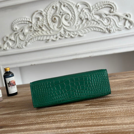 HM 26S KELLY MINI 22MM IN DARK GREEN CROC EMBOSSED CALFSKIN SILVER KELLY BUCKLE