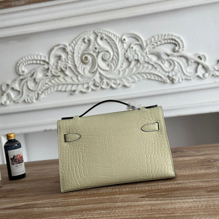 HM 26S KELLY MINI 22CM IN BEIGE CROC EMBOSSED CALFSKIN SILVER KELLY BUCKLE