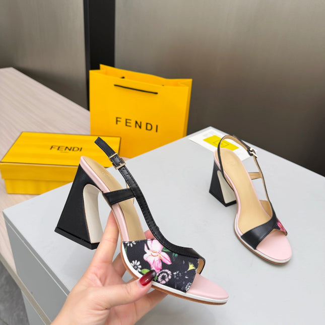 FENDI 26S SLINGBACK SANDALS IN BLACK CALFSKIN AND CANVAS