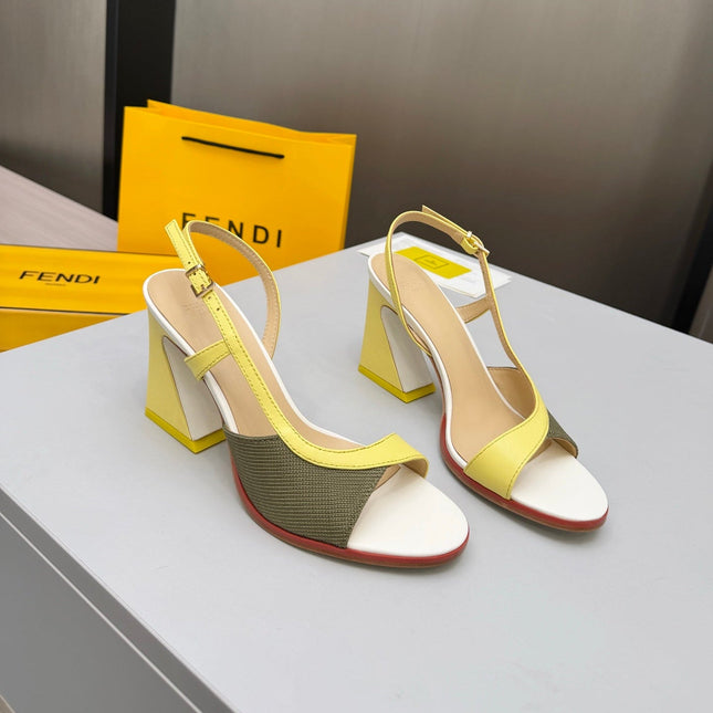 FENDI 26S SLINGBACK SANDALS IN YELLOW CALFSKIN AND GREEN CANVAS