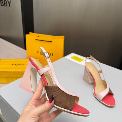 FENDI 26S SLINGBACK SANDALS IN LIGHT PINK CALFSKIN AND BROWN CANVAS